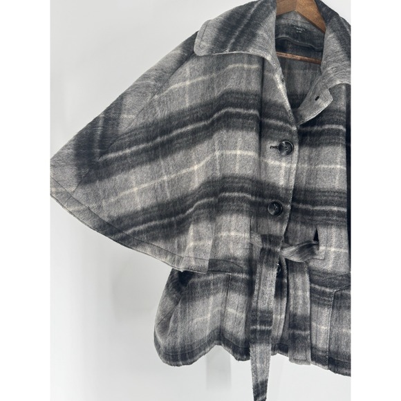 NWOT Talbots  L/XL Grey plaid wool blend Poncho Winter Overcoat Belted Buttons - Picture 3 of 10